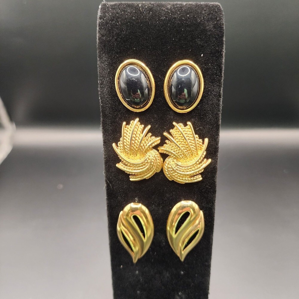 Monet & Trifari Signed Set of 3 Post Pierced Earrings Gold Tone Black Cabochon